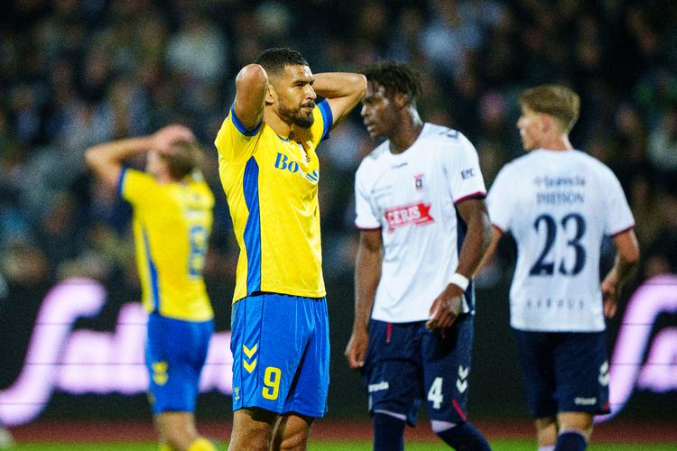 Fire mål i seks kampe har Ohi Omoijuanfo scoret for Brøndby, men der var stadig noget at ærgre sig over i kampen mod AGF. Foto: Bo Amstrup/Ritzau Scanpix