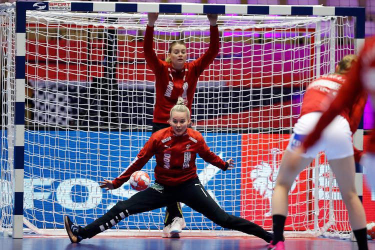 Sandra Toft og Althea Reinhardt (bagerst) har i en årrække været det faste par i Danmarks mål. Toft har i optakten til EM været på skånekost, men Danmark er afhængige af hende i topform for at få succes. Foto: Jens Dresling