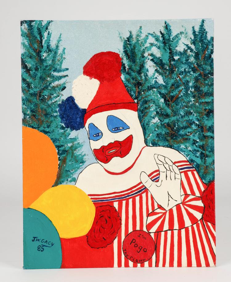 Maleriet er et selvportræt af John Wayne Gacy. Før han kom i fængsel og senere blev henrettet, klædte han sig gerne ud som klovn og optrådte ved velgørenhedsarrangementer.  Foto: Material Culture Auctions