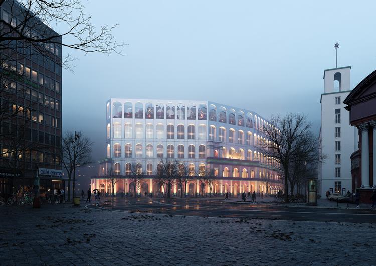 Den 'klassiske' model af de tre forslag, genbruger Gernes' bund som en skal for en ny bygning bagved. Visualisering Cobe