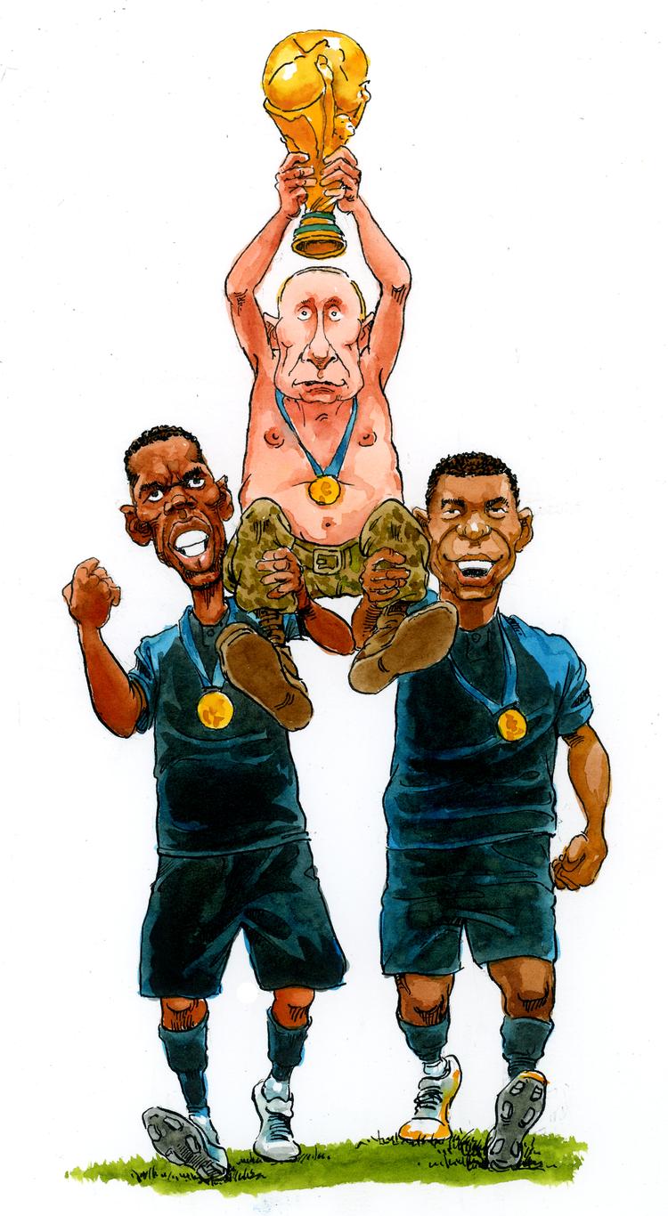 Tre vindere: Paul Pogba, Vladimir Putin og Kylian Mbappé. Tegning: Roald Als Foto: Roald Als/POLITIKEN