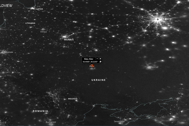 Kyiv og Ukraine set fra rummet 23. november 2022 efter ni måneders krig. (Foto: © NASA Worldview)  