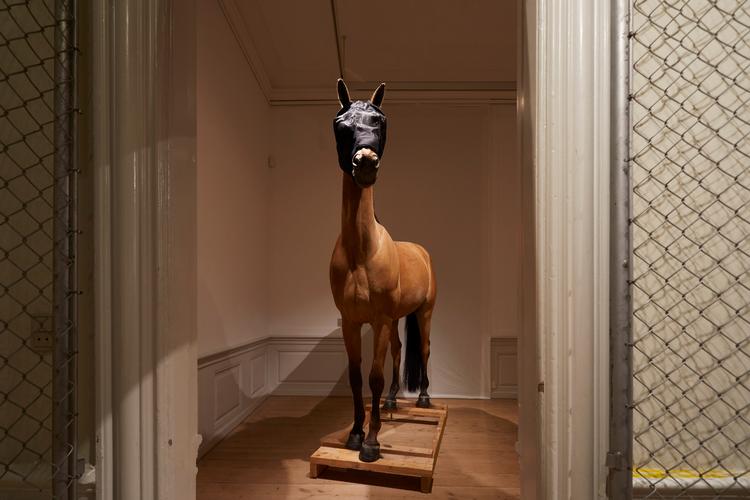 Maja Ravn og Katrine Wiedemann har plantet en udstoppet hest lige inden for døren af udstillingen på Sophienholm. Foto: Peter Christian Christensen