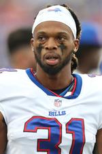 24-årige Damar Hamlin ses her under en tidligere kamp. Foto: Jeffrey T. Barnes/Ritzau Scanpix