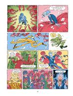 Tegneren Rune Ryberg er i topform med sin energisk organiske streg og særlige evne til at få markant og næsten aparte farvelægning til at virke oplagt og overraskende på samme tid. Udsnit fra tegneserien Foto: Illustration fra bogen