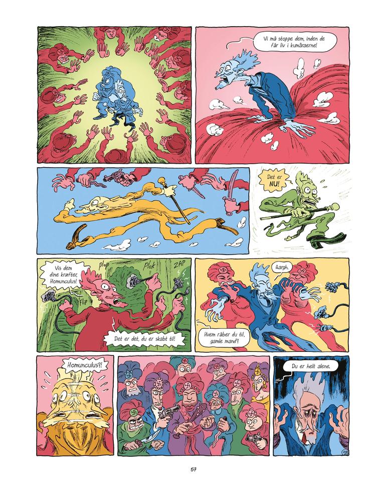 Tegneren Rune Ryberg er i topform med sin energisk organiske streg og særlige evne til at få markant og næsten aparte farvelægning til at virke oplagt og overraskende på samme tid. Udsnit fra tegneserien Foto: Illustration fra bogen