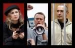     This combination of photos shows from left, 
Blandt Putins modstandere er Maria Alekhina fra Pussy Riot (tv), Aleksej Navalny og Mikhail Khodorkovskij. Foto: Uncredited/Ritzau Scanpix