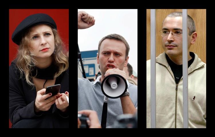     This combination of photos shows from left, 
Blandt Putins modstandere er Maria Alekhina fra Pussy Riot (tv), Aleksej Navalny og Mikhail Khodorkovskij. Foto: Uncredited/Ritzau Scanpix