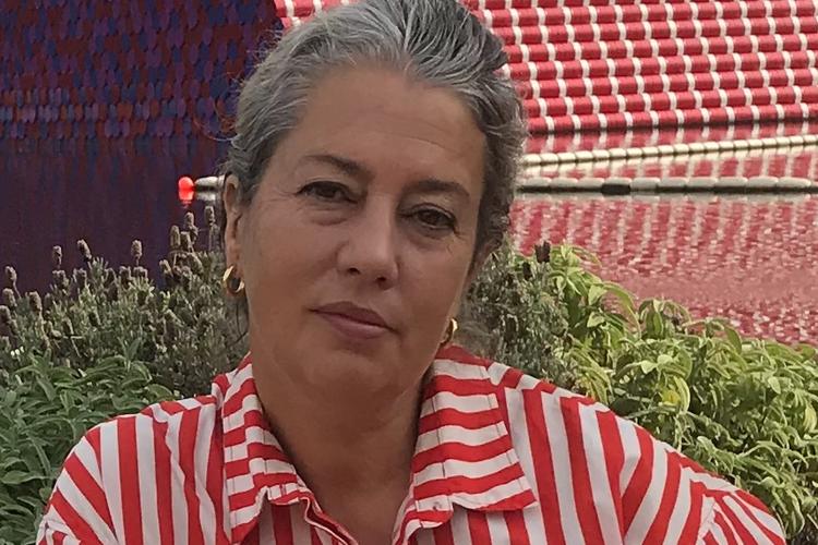 Milena Bonifacini, som hendes mand, billedhuggeren Søren Jensen ser hende, med røde striber både i forgrunden af billedet og i baggrunden, hvor man ser et hustag sig. Foto: Søren Jensen