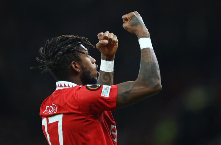 Brasilianeren Fred fejrer Manchester Uniteds første mål. Foto: Carl Recine/Ritzau Scanpix