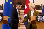 Med mandagens aftale afskaffes kontrollen på varer fra Storbritannien, der er tiltænkt salg i Nordirland. Her giver premierminister Rishi Sunak   og EU-Kommissionens formand Ursula von der Leyen hinanden hånd på aftalen.   Foto: Dan Kitwood/Ritzau Scanpix
