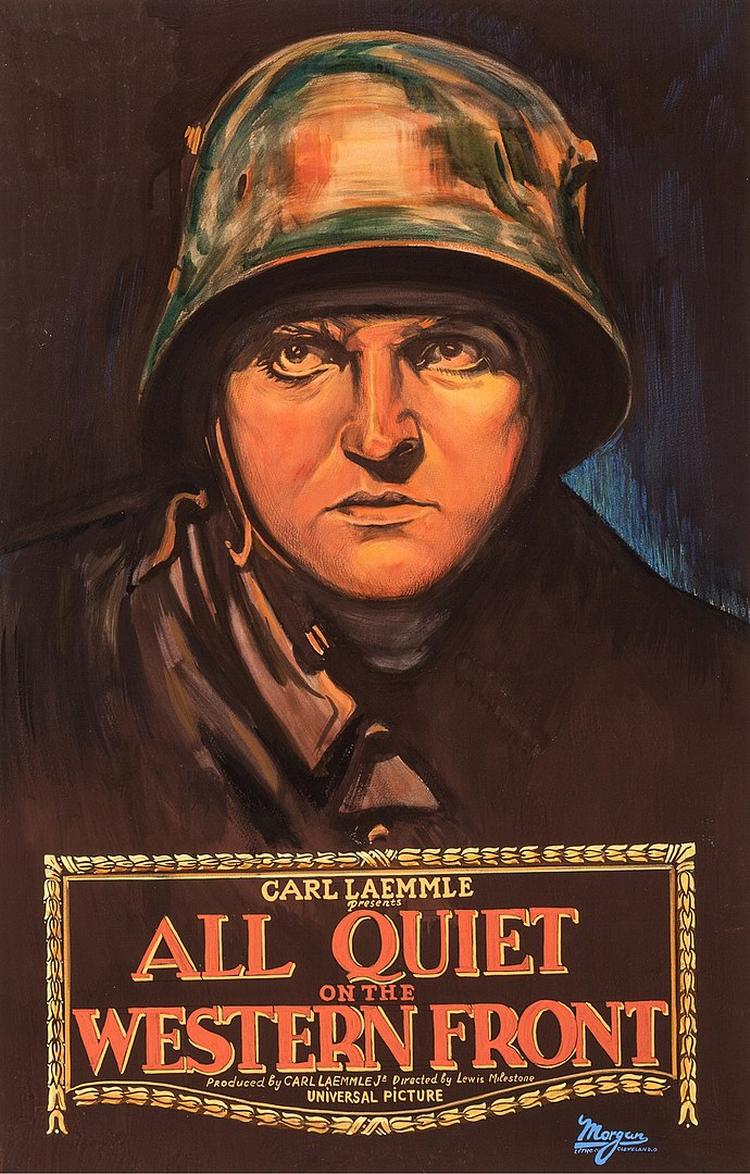 Den engelske titel er heller ikke 100 procent tro mod den tyske. Også på engelsk er 'all quiet on the western front' blevet en talemåde. Her er det plakaten fra filmudgaven fra 1930. Den seneste filmatisering fra 2022 er nomineret til 9 Oscars, og har netop modtaget 7 Bafta-priser. Foto: Universal Pictures/Wikimedia