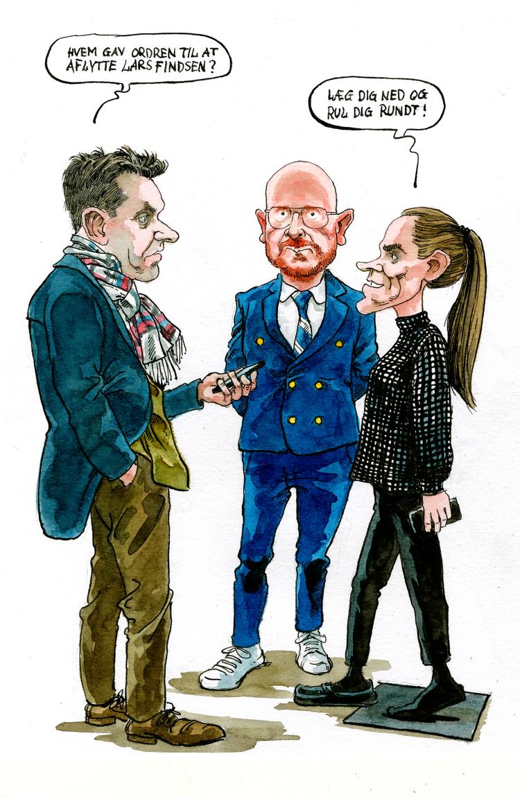 Politikens journalist Hans Davidsen-Nielsen, Mads Brügger og en af sidstnævntes 10 voksfigurer af de involverede embedsmænd i minkskandalen. I dette tilfælde statsministerens øverste embedsmand Barbara Bertelsen.  Tegning Roald Als