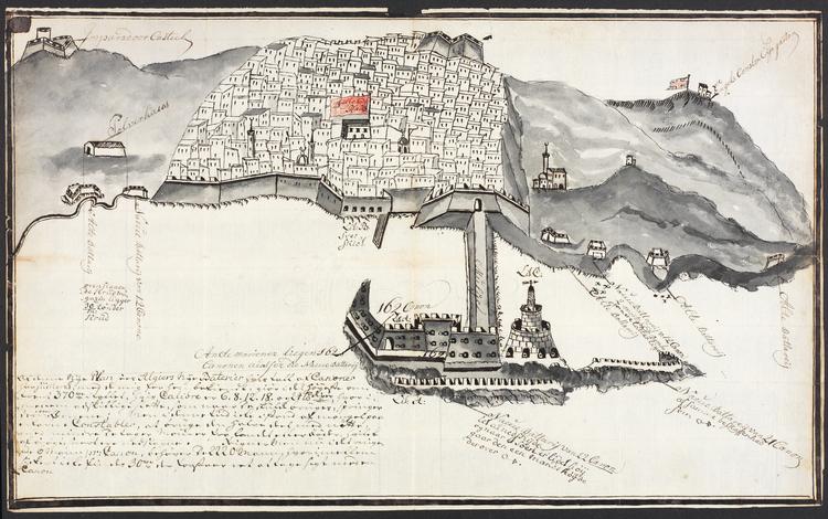 Algier omkring 1770, tegnet af en dansk kaptajn under en kortvarig krig mellem Danmark og Algier. Årsagen var, at de algierske myndigheder krævede en større 'present' end de cirka 28.000 rigsdaler, som den danske stat havde betalt hvert år for at undgå kapringer. Foto: Rigsarkivet