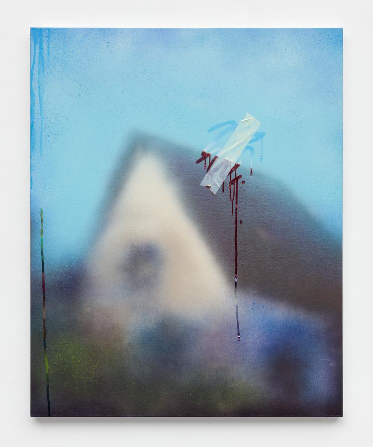 'WTP' kalder Mühlenbrink dette maleri, som er fra i år. Og dermed har han oplyst os om, hvad der teknisk set indgår i billedet. Det er et vindue, et stykke tape og så noget maleri. Foto: David Stjernholm