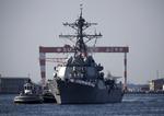 Krigsskibet 'USS Milius', der her ses lægge til ved en amerikansk flådebase i Yokohama i Japan i 2018, skulle ifølge Kina være blevet drevet ud af kinesisk farvand. USA afviser, at det er tilfældet. Foto: Issei Kato/Ritzau Scanpix