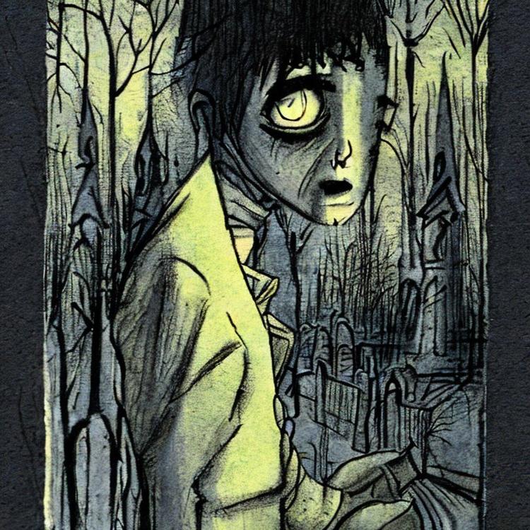 Sådan ser det ud, når Politikens journalist beder hjemmesiden Stable Diffusion Online om at generere et billede af en dreng på en kirkegård i Dave McKean-stil 