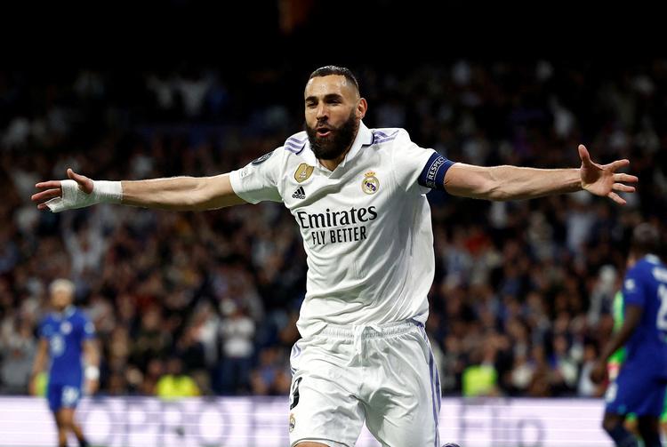 Karim Benzema sørgede for det første mål i kampen, da Real Madrid rykkede et skridt tættere på semifinalen af Champions League. Foto: Juan Medina/Ritzau Scanpix