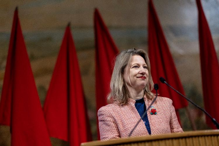 Sophie Hæstorp Andersen talte på arbejdermuseet i forbindelse med 1. maj-fejringerne.  Foto: Mads Nissen