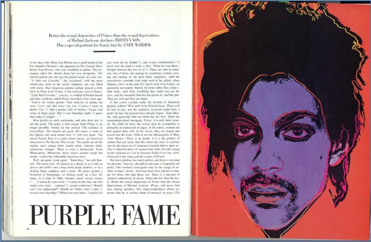 Sådan så det ud i Vanity Fair i 1985, da Andy Warhol på baggrund af Lynn Goldsmiths fotografi havde lavet en illustration til en artikel. Nu har fotografen højesterets ord for, at hun skal have penge, hvis Warhols værk bliver brugt igen. Foto: United States District Court