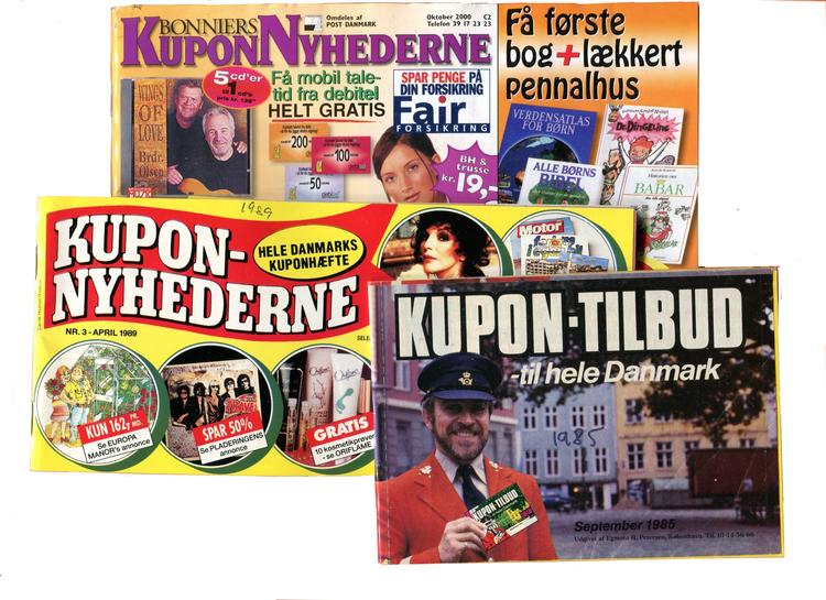 Kuponhæfter fra 1985,1989 og 2000. Der stod forskellige udgiverforlag bag. Foto: Rigsarkivet Viborg. 