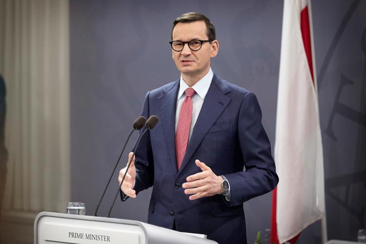 Polens premierminister Mateusz Morawiecki på et pressemøde i Statsministeriet i Danmark under et besøg i februar 2023.   Foto: Jens Dresling