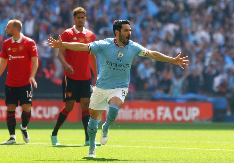 Begge Manchester Citys mål i finalen blev scoret af tyskeren Ilkay Gündogan. Foto: Paul Childs/Ritzau Scanpix
