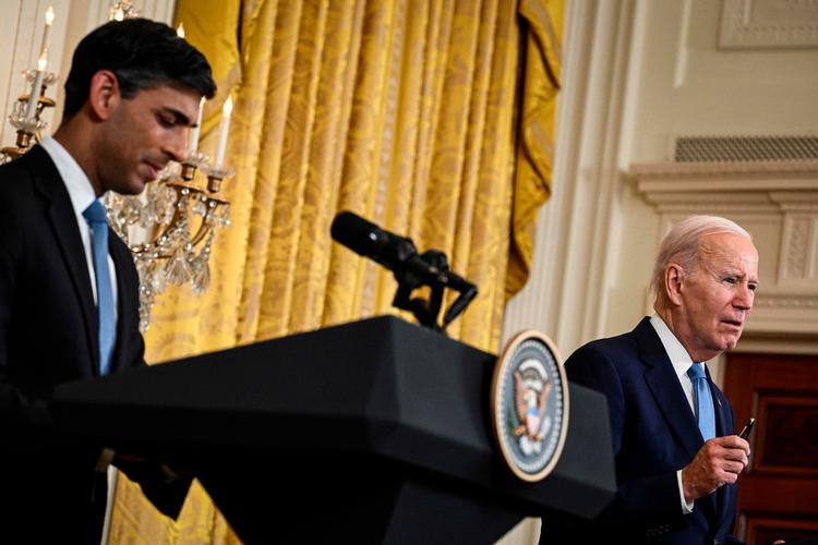 USA's præsident Joe Biden havde besøg af den britiske premierminister Rishi Sunak i Det Hvide Hus den 8. juni, 2023. Foto: Brendan Smialowski/Ritzau Scanpix