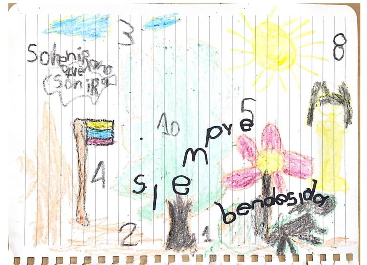 De fire søskende, der blev fundet efter 40 dage i junglen, er nu i gode hænder på et hospital i Bogotá. To af børnene, Lesly og Soleiny, har tegnet tegninger til ejeren af hunden Wilson, som gjorde dem selskab i junglen. Her ses tegning af Soleiny. Foto: Fuerzas Militares