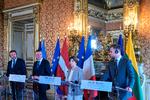 Fra venstre: Estlands udenrigsminister, Margus Tsahkna, letlands udenrigsminister, Edgars Rinkevics, den franske udenrigsminister, Catherine Colonna, og Litauens udenrigsminister Gabrielius Landsbergis. De fire udenrigsministre var samlet til en pressekonference efter et møde i Paris den 27. juni, 2023.  Foto: Alain Jocard/Ritzau Scanpix
