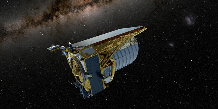 Denne tegning viser, hvordan rumteleskopet vil se ud, når den når ud i rummet.  Foto: European Space Agency/Ritzau Scanpix