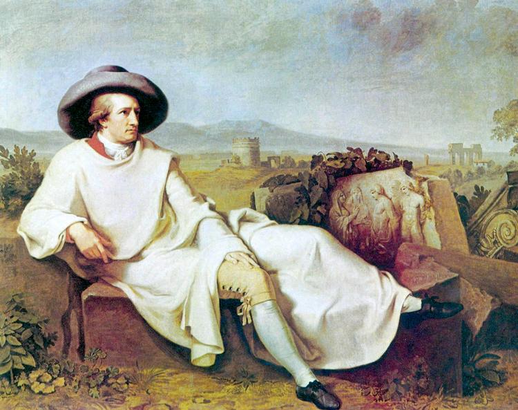 Gotthe som henslængt cowboy i Campanien med hatten på sned, kappen som tæppe og et cool look som en tough rytter, som snart drager videre hen over den italienske prærie ... Foto: Johann Heinrich Wilhelm Tischbein