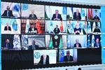 Statsledere og embedsmænd fra Shanghai Cooperation Organisation (SCO) kunne under topmødet ses på en skærm i Kreml i Moskva. Foto: Sputnik/Ritzau Scanpix