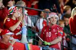 I et hjørne på Gladsaxe Stadion har en gruppe stemningsskabende fans samlet sig til landskampen mod Spanien. Foto: Jens Dresling