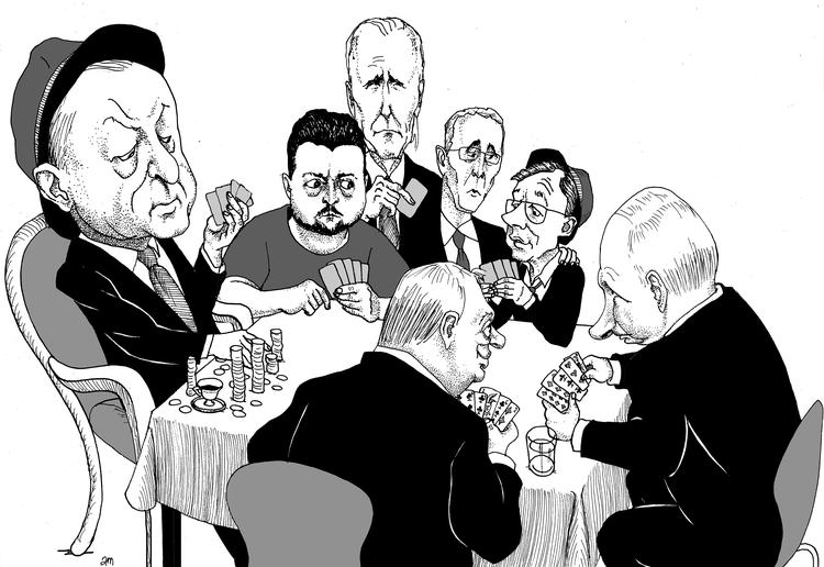     RUBRIK: Højt spilBRØDTEKST: Pokerspillet om NATO og Ukraine er i fuld gang, og Tyrkiets Erdogan sidder for bordenden.   Tegning  Anne-marie Steen Petersen