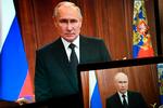 Putin fotograferet under sin tale til det russiske folk, hvor han betegnede Prigosjin og Wagner-hæren som forrædere. Foto: Pavel Bednyakov/Ritzau Scanpix