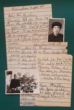 Udsnit af breve og fotos fra Takushan til Randers. På det lille foto øverst ses Ellen Nielsens trofaste hjælper Wang, og nederst ses Ellen Nielsen i sin stue med en pelargonium så stor, at den blev et tilløbsstykke på egnen. Foto: Kenn Tarbensen. 