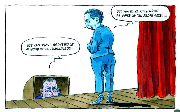 19. juli 2023 dagens tegning
Overskrift: Moderat plejebehov
Manchet: Socialdemokratiet foreslår en ny opsparingsmodel for den fremtidige ældrepleje.
Lars Løkke Rasmussen, Mette Frederiksen Tegning Roald Als