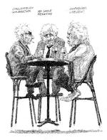 Jørgen Leth forestiller sig at samtale med Jean-Paul Belmondo og Jean-Luc Godard over et glas rødvin på en parisisk bistro. Tegning: Roald Als Tegning: Roald Als