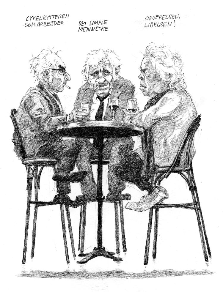 Jørgen Leth forestiller sig at samtale med Jean-Paul Belmondo og Jean-Luc Godard over et glas rødvin på en parisisk bistro. Tegning: Roald Als Tegning: Roald Als