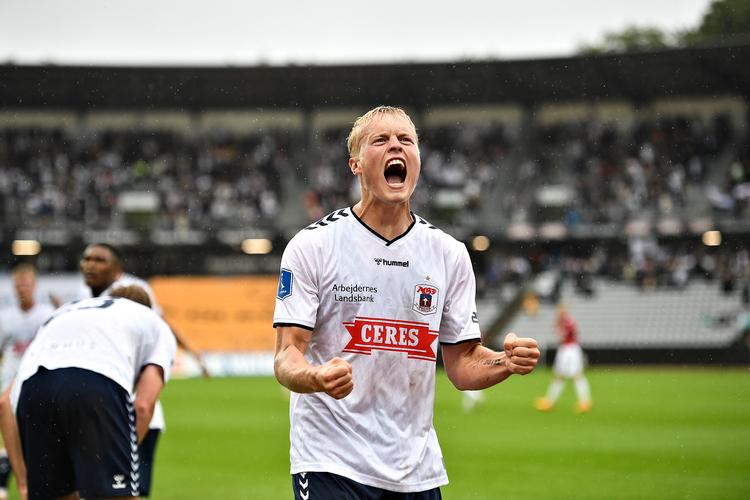 Den tidligere Viborgspiller Tobias Bech, som AGF har hentet i den tyske 3. Bundesliga, blev matchvinder i 1-0-sejren over Vejle. Foto: Ernst van Norde/Ritzau Scanpix