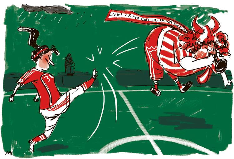 Kvindefodbold. Tegning af Mette Dreyer. Arkivtegning Mette Dreyer