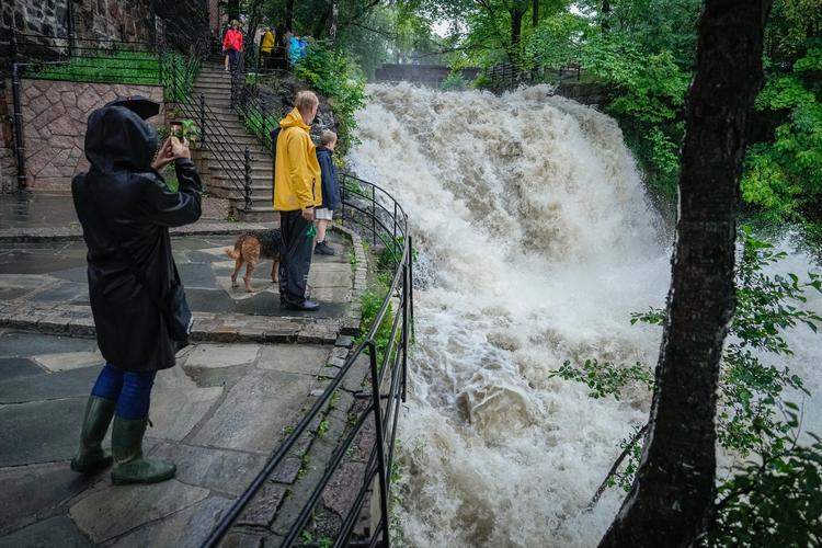 Akerselven ved Oslo er svulmet op efter den megen regn.  Foto: Beate Oma Dahle/Ritzau Scanpix