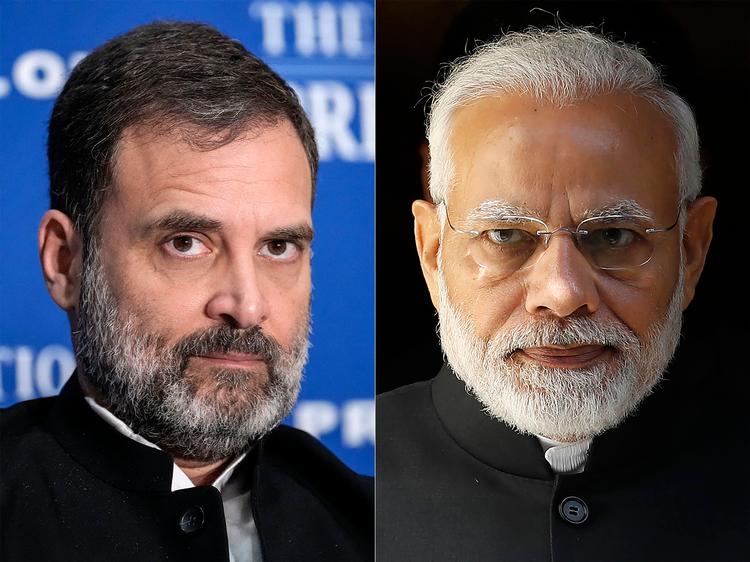 Oppositionsleder Rahul Gandhi (tv.) fremsatte hårde beskyldninger mod Indiens regeringsleder Narendra Modi (th.) under en tre timer lang debat i parlamentet forud for en mistillidsafstemning, som Modi overlevede. Foto: Drew Angerer, Tolga Akmen/Ritzau Scanpix