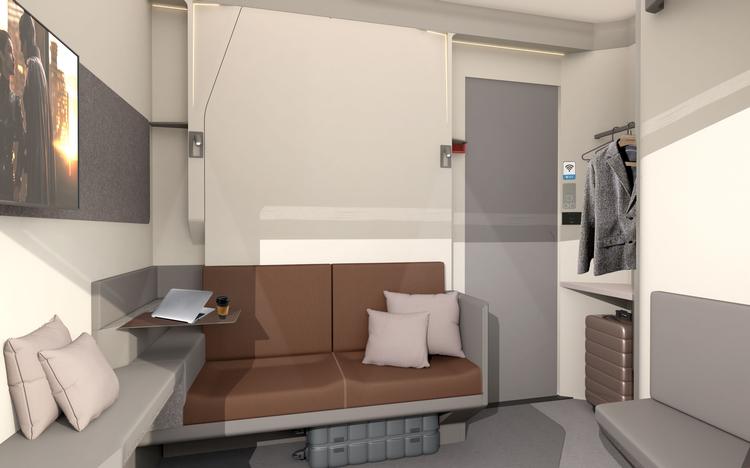 De kommende DeLuxe-kupeer på Trenitalias nye nattog vil se således ud. Det er tanken, at det skal minde om et hotelværelse. Foto: Visualisering fra ŠkodaGroup 