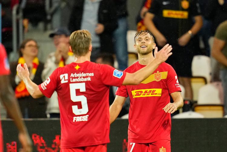 Marcus Ingvertsen (th.) blev dobbelt målscorer for FCN. Foto: Claus Bech/Ritzau Scanpix