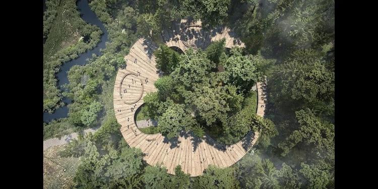 Med et cirkelformet gigantshelter lægger tegnestuen Effekt op til at skabe et ude-, inde- og mødested for de 75.000, der årligt går natur- og kunstruten Deep Forest Art Land.  Visualisering Effekt Arkitekter