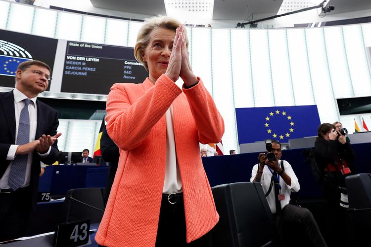Ursula von der Leyen brugte talen til at opsummere sine 'greatest hits' som formand. Foto: Yves Herman/Ritzau Scanpix