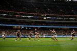 Sådan ser en kamp i 'aussie rules ud'. Her er det Carlton Blues mod Collingwood Magpies. Foto: Stringer/Ritzau Scanpix