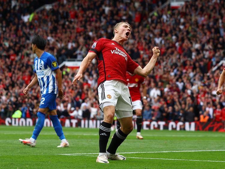 Rasmus Højlund da han troede, han havde scoret.  Foto: Molly Darlington/Ritzau Scanpix